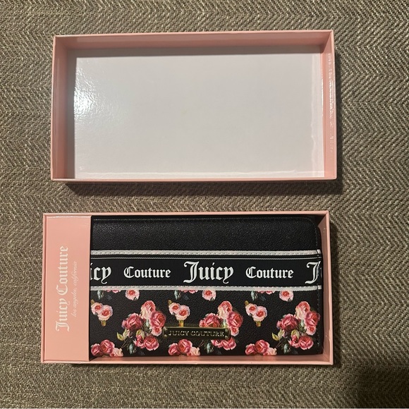 Juicy Couture Varsity Blooms Wallet in Black and Pink Rose Print • 4.25x8x1” - Picture 3 of 9